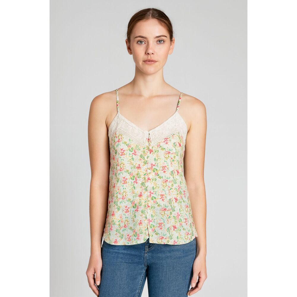 Miss Me Floral Button Front Lace Insert Sleeveless Top S